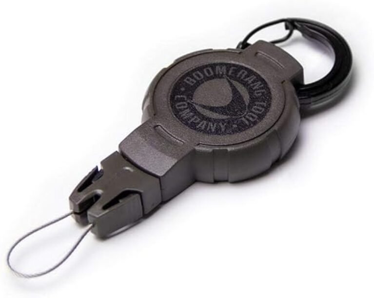 Boomerang Tool Company Hunting Compass Retractable Gear Tether, Hook & Loop Strap, 24" Retractable Cord, 4 oz. Retraction, Green Polycarbonate Case, Universal Attachment