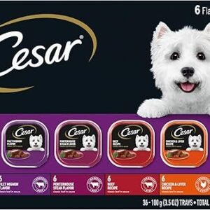 Cesar Adult Wet Dog Food Classic Loaf in Sauce Grilled Chicken, Filet Mignon, Porterhouse Steak, Beef, Chicken & Liver and Turkey Variety Pack, 3.5 oz. Easy Peel Trays, Pack of 36