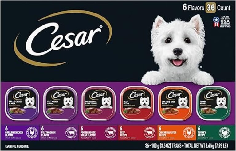 Cesar Adult Wet Dog Food Classic Loaf in Sauce Grilled Chicken, Filet Mignon, Porterhouse Steak, Beef, Chicken & Liver and Turkey Variety Pack, 3.5 oz. Easy Peel Trays, Pack of 36