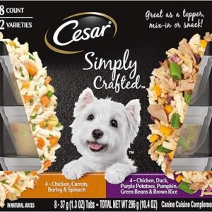 Cesar Simply Crafted Adult Wet Dog Food Meal Topper, Chicken, Duck, Purple Potatoes, Pumpkin, Green Beans & Brown Rice and Chicken, Carrots, Barley & Spinach Multipack, 1.3oz (8 Count, Pack of 1)