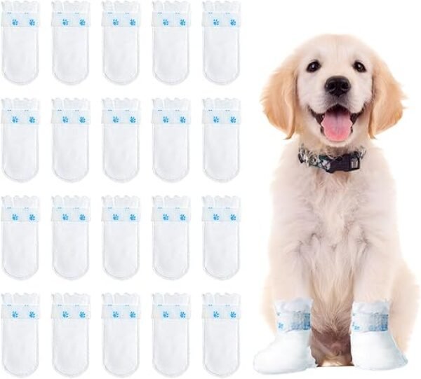 Disposable Dog Boots for Paw Protection, 20 Pcs Pet Shoes with Adjustable Self-Adhesive Bandage, Dog Disposable Foot Covers for Outdoor & Indoor Walking (White, Small)