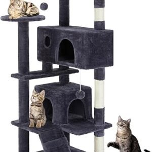 DUMOS 54-inch Indoor Cat Tree Tower –Multi-Level Pet House for Large Cats with 2 Condos, Scratching Posts, Round Platform, Small Ladder, and Toys – Perfect for Cats of All Ages, Dark Grey