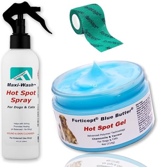 Forticept Hot Spot Treatment and Wound Care Kit for Dogs&Cats |Hotspot Wound Wash Spray 8oz + Wound Care Ointment 4oz + 2" 5 Yards Wound and Paw Bandage Wrap | First Aid Kit