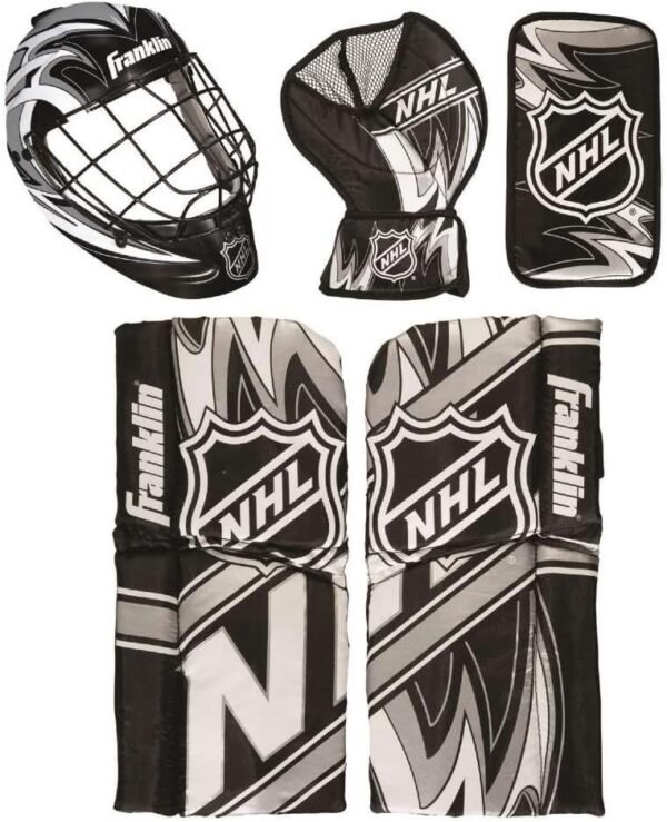 Franklin Sports NHL Youth Knee Hockey Goalie Pads + Helmet Set - Kids Knee + Mini Hockey Goalie Gear + Equipment - (2) Leg Pads, Catch Glove, Blocker + Mask Included