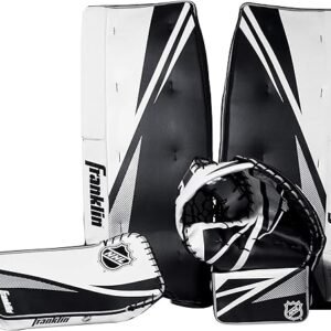 Franklin Sports Street Hockey Goalie Equipment Set - NHL Youth Street Hockey Goalie Pads - Leg Pads, Catch Glove, and Blocker - Youth Goalie Gear Black, 12"