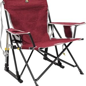 GCI OUTDOOR Kickback Rocker Camping Chair | Portable Folding Rocking Chair with Durable Armrests, Drink Holder & Relaxed Lowered Seat for Comfort — Red