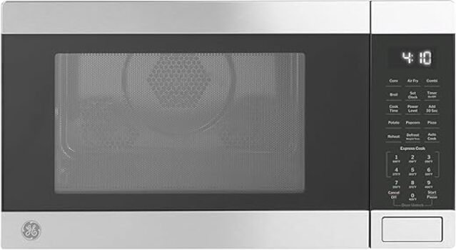 GE GCST10A1WSS 4-in-1 Microwave Oven, 1,050 Watts Air Fryer, Broiler & Convection Mode, Child-Lock Technology, Kitchen Essentials for The Countertop or Dorm Room, 1.0 Cu. Ft, Stainless Steel