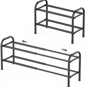 Gonfoam 2-Tier Expandable Shoe Rack,Adjustable Shoe Shelf Storage Organizer Heavy Duty Metal Free Standing Shoe Rack for Entryway Closet Doorway (Black)