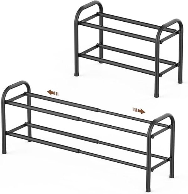 Gonfoam 2-Tier Expandable Shoe Rack,Adjustable Shoe Shelf Storage Organizer Heavy Duty Metal Free Standing Shoe Rack for Entryway Closet Doorway (Black)