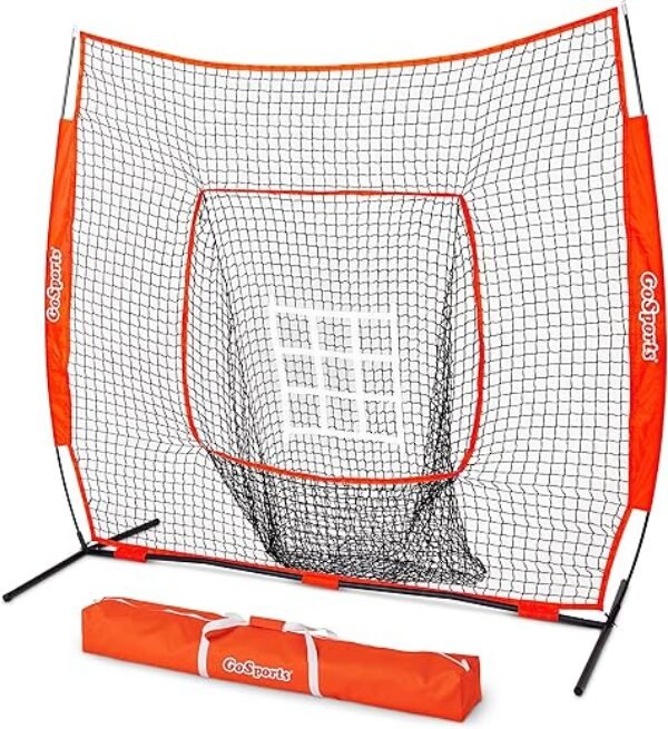 GoSports 7 ft x 7 ft Baseball & Softball Nets - Red, Black, or PRO -Practice Hitting & Pitching Net with Bow Type Frame, Carry Bag and Strike Zone, Great for All Skill Levels