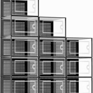 Kuject X-Large Shoe Storage Boxes Organizers Clear Plastic Stackable 12 Pack, Shoe Rack & Holder Substitute, Sneaker Containers, Toy Storage Organizer Bins for Entryway, Closet, Under Bed, Black