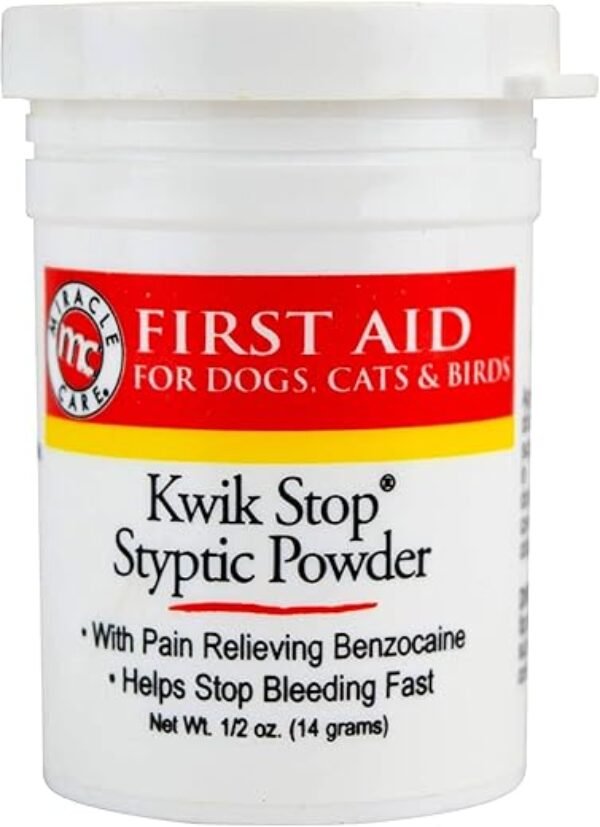 Miracle Care Kwik Stop Styptic Powder For Dogs, Cats and Birds, 0.5 Ounce, Fast Acting Blood Stop Powder with Pain Relieving Benzocaine