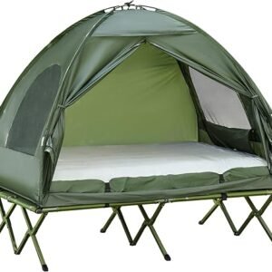 Outsunny 2 Person Foldable Camping Cot with Tent, Bedspread and Thick Air Mattress, 4-in-1 Elevated Camping Bed Tent for Outdoor Hiking, Picnic, Travel