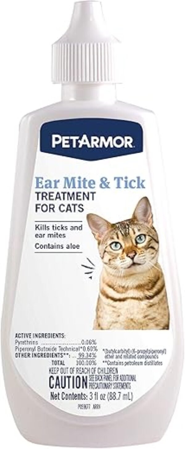 PetArmor Ear Mite Treatment for Cats, Ear Mite Medicine Kills Ticks and Ear Mites to Relieve Itchiness, Ear Mite Drops Sooths Ears with Aloe, 3oz