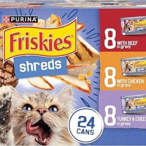 Purina Friskies Gravy Wet Cat Food Variety Pack, Shreds With Beef, With Chicken, and Turkey and Cheese Dinner - (Pack of 24) 5.5 oz. Cans