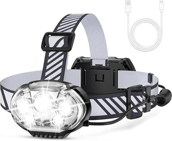 Rechargeable Headlamp, High Lumen Bright 5 LED Head Lamp with Red White Light, IPX4 Waterproof Headlight,8 Mode Head Flashlight for Outdoor Running Hunting Fishing Hiking Camping Gear