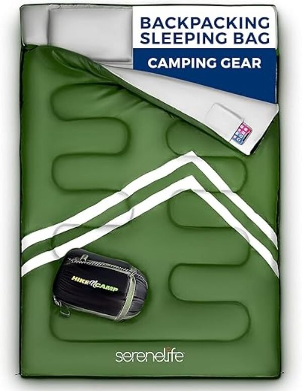 SereneLife Double Sleeping Bag with Pillows, Waterproof & Detachable for 2 Single Bags, Lightweight & Warm, Perfect for Camping, Hiking, Backpacking, and Cold Weather, Suitable for Temperatures 5-10°F