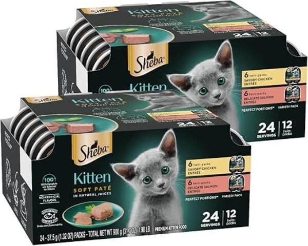 Sheba Perfect Portions Kitten Wet Cat Food Pate Chicken Entree and Salmon Entree, 2.6 oz. Twin-Pack Trays (12 Count, 24 Servings) (Pack of 2)