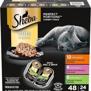Sheba Perfect Portions Wet Cat Food Cuts in Gravy Variety Pack, Roasted Chicken Entree, with Sustainable Salmon, and Tender Turkey Entree, 2.6 oz. Twin-Pack Trays (24 Count, 48 Servings)