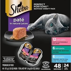 Sheba Perfect Portions Wet Cat Food Pate with Sustainable Salmon, Signature Seafood Entree, and Tender White Fish and Tuna Entree Variety Pack, 2.6 oz. Twin Pack Trays (24 Count, 48 Servings)
