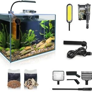 Small Aquarium Starter Kit, 2.6 Gallon Glass Betta Fish Tank with Heater Self Cleaning System Efficiency Filter Bright Light Rocks Gravel Cleaning Tool Set, Leak-Proof Ultra-Clear Rimless Desktop Tank