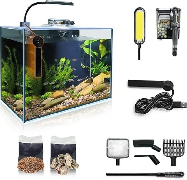 Small Aquarium Starter Kit, 2.6 Gallon Glass Betta Fish Tank with Heater Self Cleaning System Efficiency Filter Bright Light Rocks Gravel Cleaning Tool Set, Leak-Proof Ultra-Clear Rimless Desktop Tank