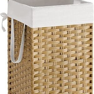 SONGMICS Laundry Hamper with Lid, 17.2 Gallon (65 L) Synthetic Rattan Clothes Laundry Basket with Lid and Handles, Foldable, Removable Liner, Goose Yellow ULCB165N01