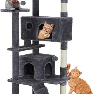 Sweetcrispy 54-Inch Cat Tree Tower – Multi-Level with Sisal Scratching Post, Perfect Pet Gift, Indoor Condo with Climbing Ladder, Plush Toy, and More Animal Stuff, Grey