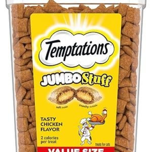 TEMPTATIONS Jumbo Stuff Crunchy and Soft Cat Treats, Tasty Chicken Flavor, 14 oz. Tub, (Pack of 1)