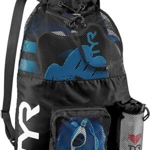TYR Big Mesh Mummy Backpack for Swim, Gym and Workout Gear, Black, 40-Liter Capacity