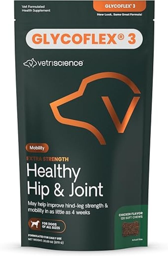 VetriScience Extra Strength Healthy Hip & Joint Chews, GlycoFlex Glucosamine and Green-Lipped Mussel Joint Support Supplement for Dogs, Promote Mobility and Soothe Joint Discomfort, Chicken, 120 Count