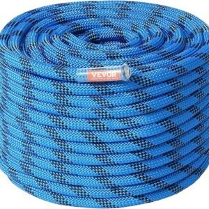 VEVOR 12.7mm Static Climbing Rope, 45.7M(150ft) Outdoor Rock Climbing Rope 30KN Breaking Tension, Fiber Rope with Steel Snap Hooks for Escape, Rappelling, Fire Rescue, Blue