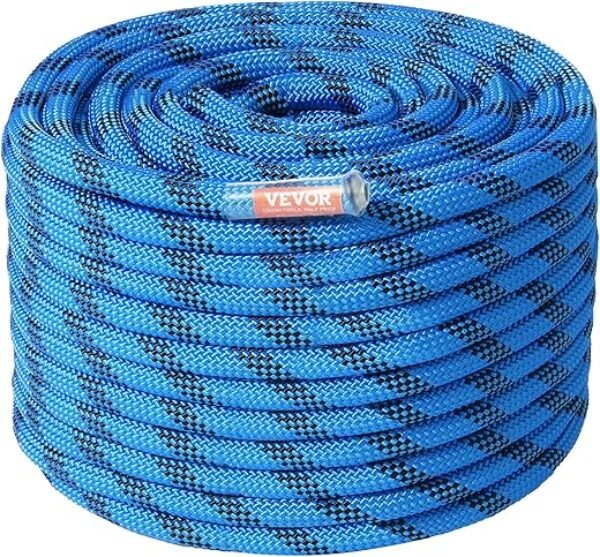 VEVOR 12.7mm Static Climbing Rope, 45.7M(150ft) Outdoor Rock Climbing Rope 30KN Breaking Tension, Fiber Rope with Steel Snap Hooks for Escape, Rappelling, Fire Rescue, Blue