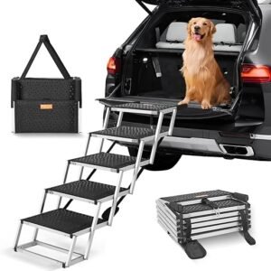 VEVOR Dog Stairs for Car, Wide 5-Step Dog Car Steps, Folding Dog Car Ramp with Nonslip Surface, Portable Pet Steps Lightweight Aluminum for Car, SUV and Truck, Supports up to 150 lbs