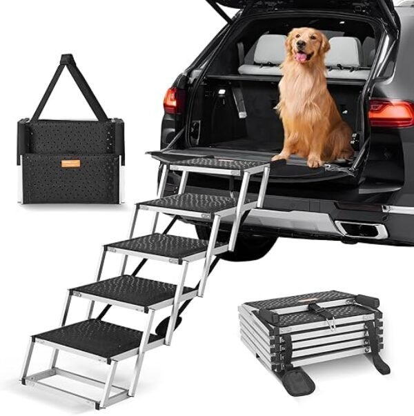 VEVOR Dog Stairs for Car, Wide 5-Step Dog Car Steps, Folding Dog Car Ramp with Nonslip Surface, Portable Pet Steps Lightweight Aluminum for Car, SUV and Truck, Supports up to 150 lbs