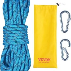 VEVOR Static Climbing Rope, 32 ft Outdoor Rock Climbing Rope with 26KN Breaking Tension, 0.4'' /10 mm High Strength Safety Rope, Escape Rope with 2pcs Carabiner and Storage Bag
