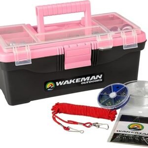 Wakeman 55-Piece Fishing Tackle Set - Tackle Box Includes Sinkers, Hooks, Lures, Bobbers, Swivels, Fishing Line, and More - Fishing Gear (Pink)