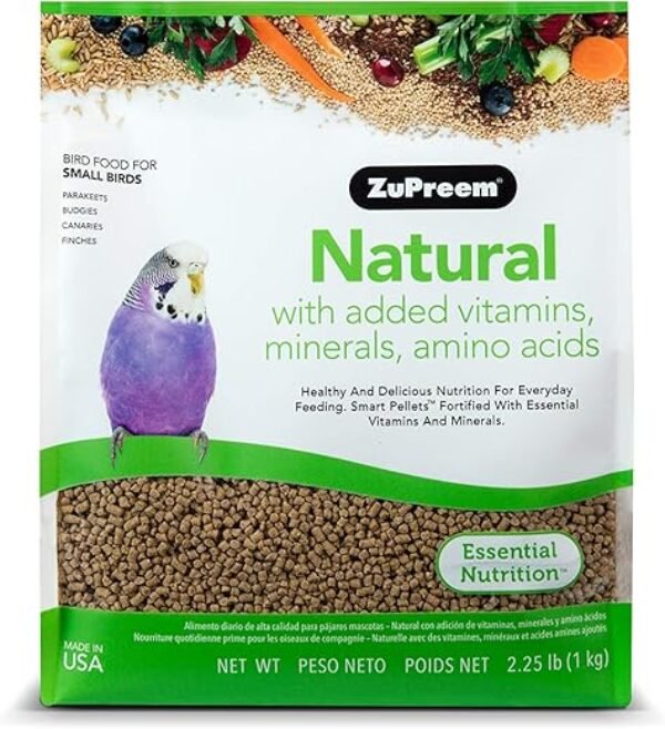 ZuPreem Natural Bird Food, Bird Feed Pellets for Parakeets, Budgies, Parrotlets, & Doves, ZuPreem Core Nutrition, Made in USA, Added Vitamins, Parakeet Food, Budgie Feed, (Small, 2.25 lb Bag)