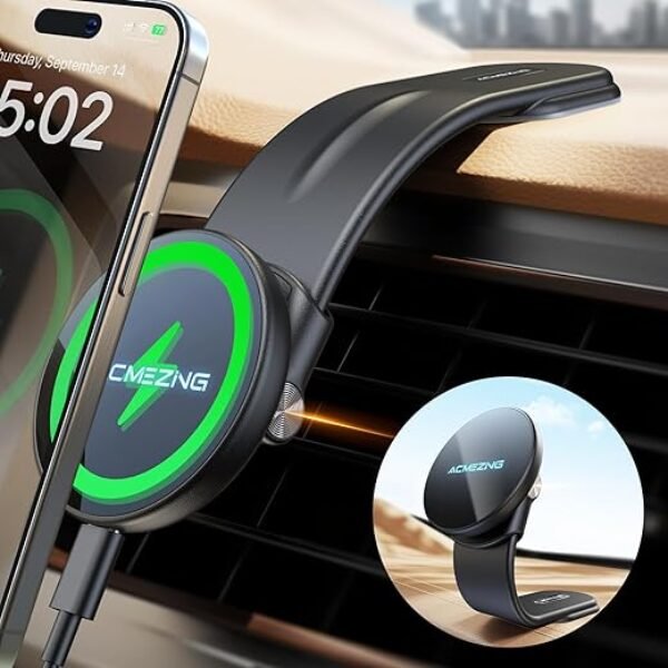 15W Only for iPhone MagSafe Car Mount Charger, 360% Adjustable Aluminum Alloy Arm, Relocatable Car Phone Holder, Magnetic Wireless Fast Charging, Cell Phone Holder for All Car Models, Black