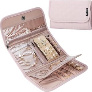 BELALIFE Travel Jewelry Case Organizer, Foldable Storage Roll for Earrings, Necklaces, Rings, Bracelets, Brooches, Pink