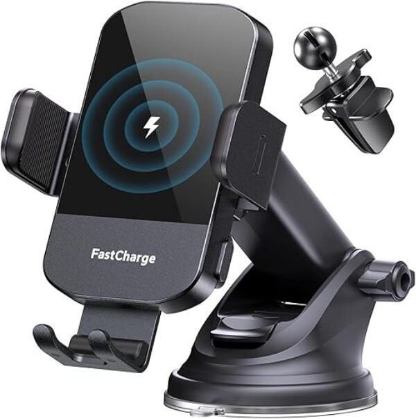 CHGeek Wireless Car Charger, 15W Fast Charging Auto Clamping Car Charger Phone Mount Phone Holder fit for iPhone 16 15 14 13 12 Pro Max 11 XR XS, Samsung Galaxy S24 Ultra S23 S22 S21, S20, S10+, Black