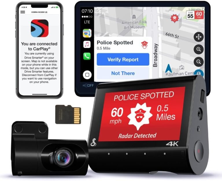 Cobra Smart Dual View Front and Rear Dash Cam (SC 250R) – True 4K Resolution, 360 Alerts, Parking Live View, Incident Reports, Emergency MayDay, 32 GB SD Card Included, CarPlay & Android Auto