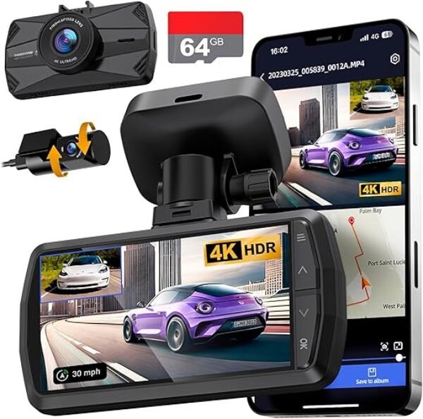 Dash Cam Front and Rear, Real 4K+1080P Dual Dash Cam, Built-in WiFi GPS, 3.3"IPS Screen, HDR Night Vision, G-Sensor Accident Record, 24H Parking Monitor Dash Camera for Cars, Support 512GB Max