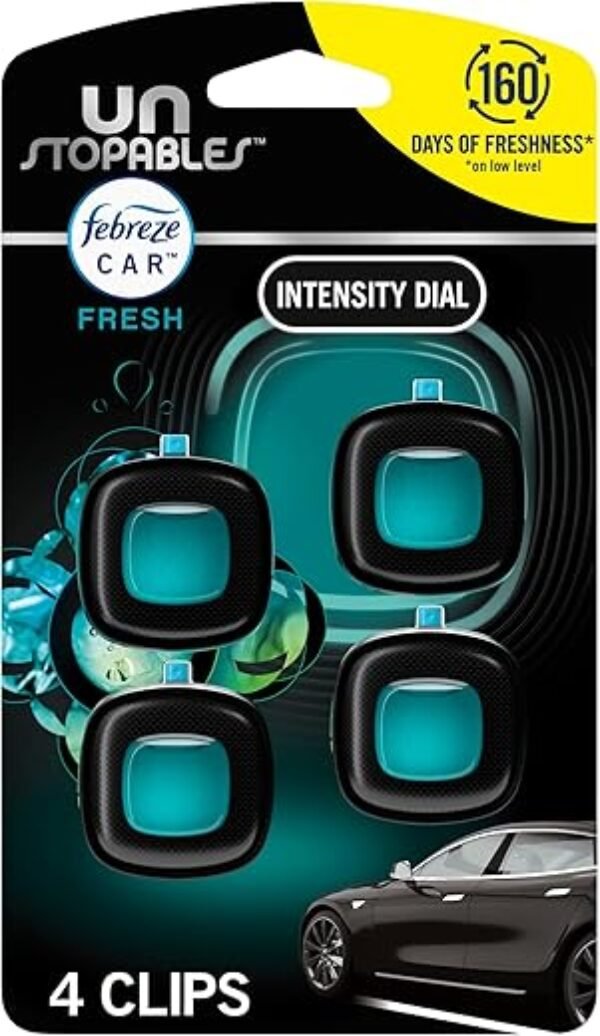 Febreze Unstopables Car Odor-Fighting Car Freshener Vent Clip Fresh Scent, .07 oz. Car Vent Clip, Pack of 4 (Packaging may vary)