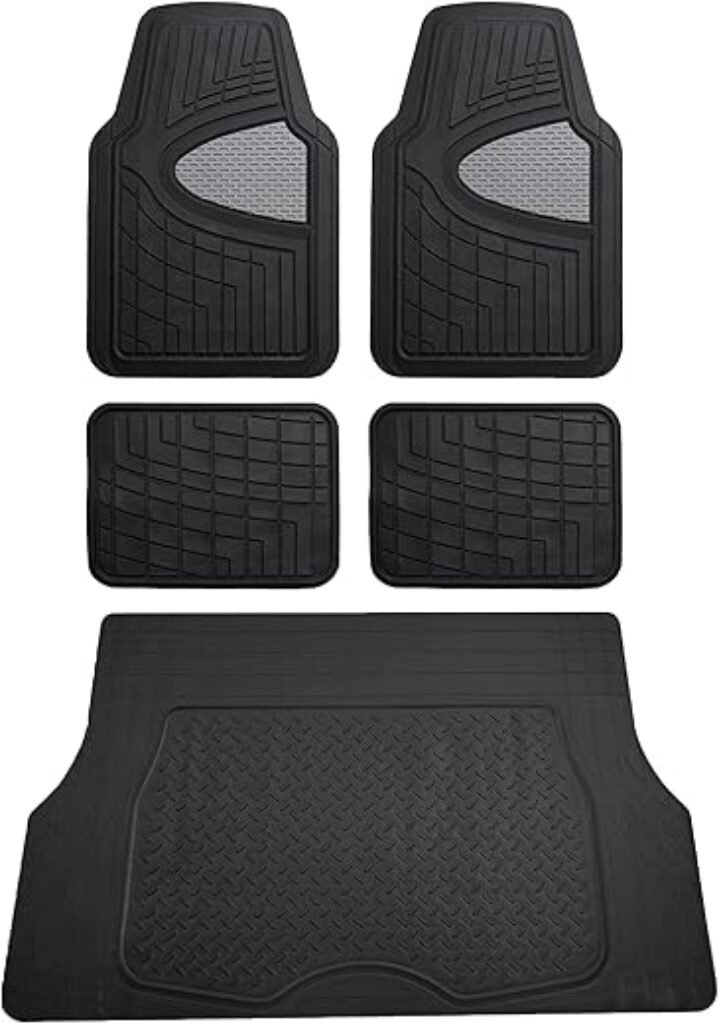 FH Group Premium Liners Tall Channel Trimmable All Weather Rubber Full Set Car Floor Mats (Gray) w. Trimmable All-Season Cargo Liner (Black) - Universal Fit for Cars Trucks and SUVs