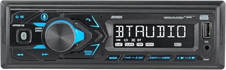 JENSEN MPR210 7 Character LCD Single DIN Car Stereo Radio | Push to Talk Assistant | Bluetooth Hands Free Calling & Music Streaming | AM/FM Radio | USB Playback & Charging | Not a CD