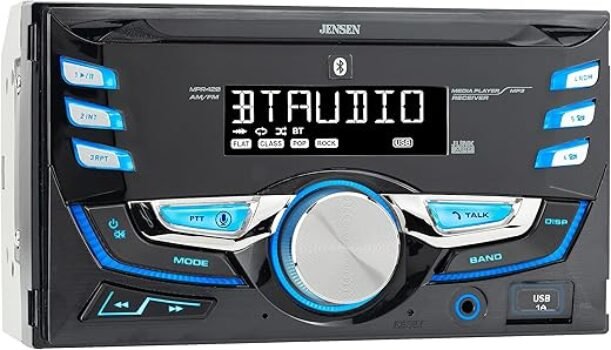 JENSEN MPR420 7 Character LCD Double DIN Car Stereo Receiver | Push to Talk Assistant | Bluetooth Hands Free Calling & Music Streaming | AM/FM Radio | USB Playback & Charging | Not a CD Player