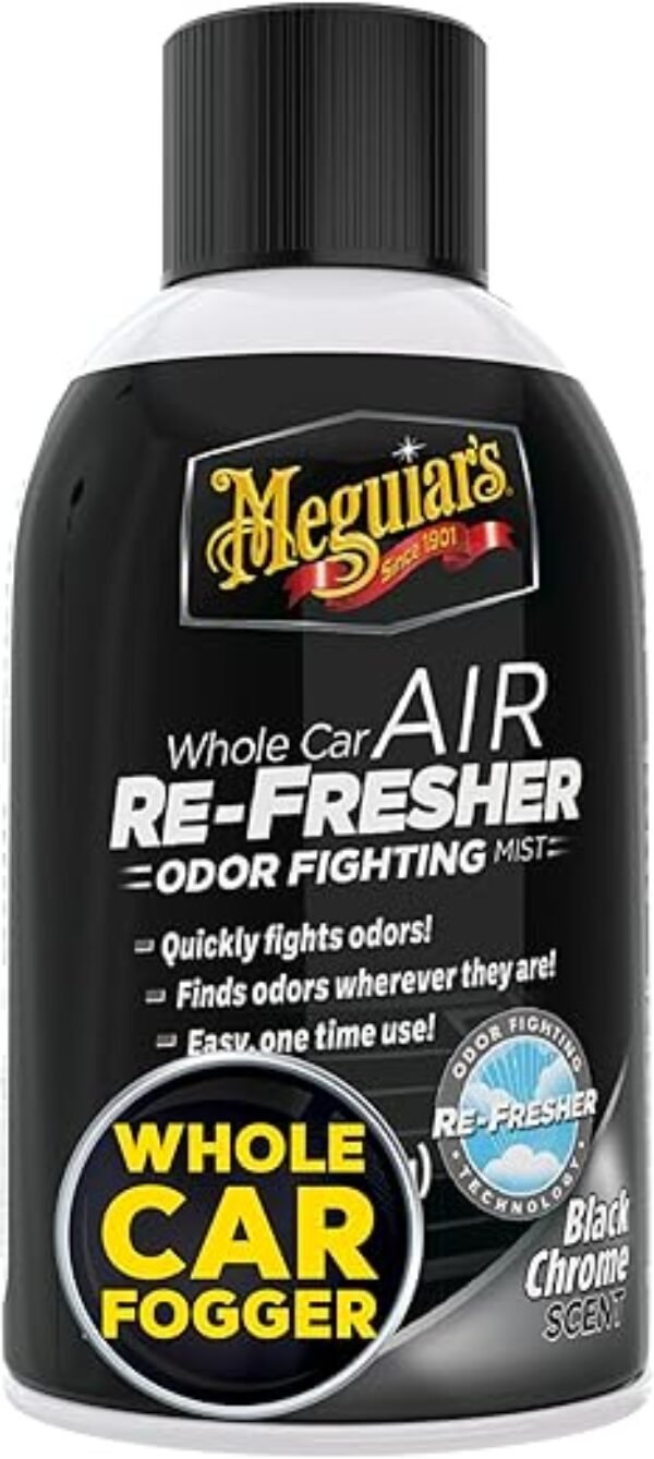 Meguiar's Whole Car Air Refresher, Car Odor Eliminator Spray Permanently Eliminates Unwanted Vehicle Odors Throughout Your Interior, Black Chrome Scent, 2 Oz Aerosol Canister