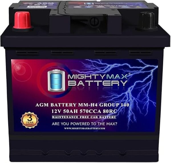 Mighty Max Battery MM-H4L Start and Stop Car BCI Group Size 140 Positive Terminal on Left Side [+ -] 12V 50 AH, 80RC, 570 CCA Rechargeable AGM Car Battery