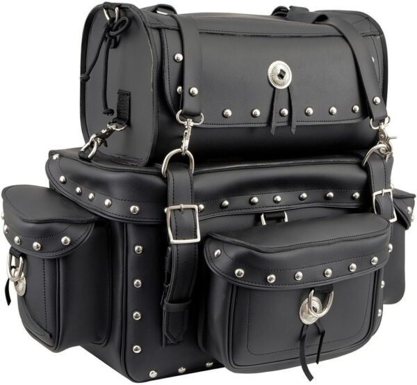 Milwaukee Leather MP8100S Large Black PVC 2-Piece Studded Motorcycle Touring Pack Sissy Bar Bag - One Size
